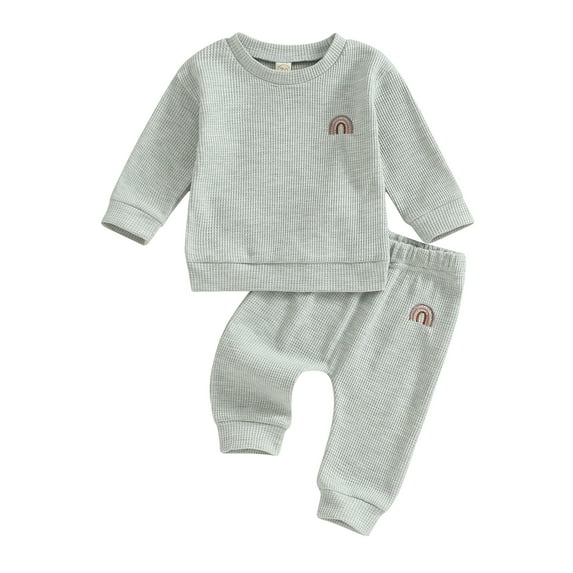 Lamuusaa Baby 2Pcs Fall Outfits Long Sleeve Rainbow Embroidery Tops and Pants Set Toddler Warm Clothes