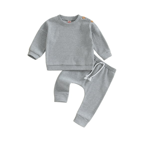 Lamuusaa Baby 2Pcs Outfits Long Sleeve Solid Color Ribbed Sweatshirt and Pants Set Toddler Clothes