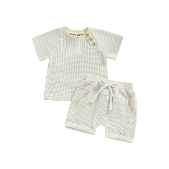 Lamuusaa Baby 2Pcs Summer Outfits, Short Sleeve Waffle Knit T-Shirt + Knot Front Shorts Set