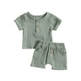thumbnail image 1 of Lamuusaa Infant Boys Summer Outfits Buttons Short Sleeve Crew Neck T-Shirts and Elastic Waist Shorts 2Pcs Clothes Set, 1 of 9