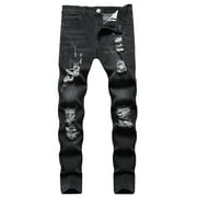 Lamuusaa Men Casual Jeans, Solid Color Long Trousers with Broken Holes, S/ M/ L/ XL/ XXL/ XXXL