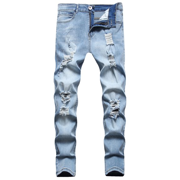 Lamuusaa Men Casual Jeans, Solid Color Long Trousers with Broken Holes, S/ M/ L/ XL/ XXL/ XXXL
