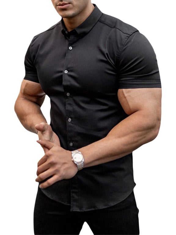 Lamuusaa Men Casual Shirt, Solid Color Short Sleeve Lapel Neck Slim Fit Button-Down Leisure Tops