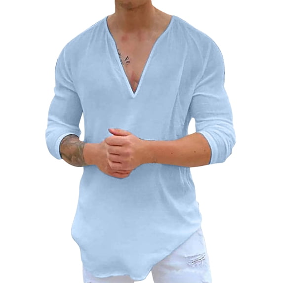 Lamuusaa Menacute;s Spring Summer Casual T Shirt Solid Color Long Sleeve V Neck Shirts Loose Fit Tops