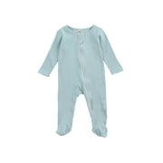 Lamuusaa Newborn Baby Boy Girl Zipper Footies Pajamas Pjs Ribbed Solid Long Sleeve Romper Jumpsuits Footed Sleep and Play