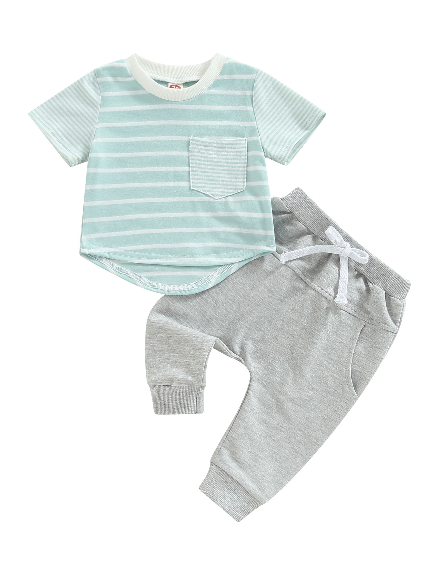 2pcs Kid Boy Striped Short-sleeve Polo Shirt and Elasticized Pants Set