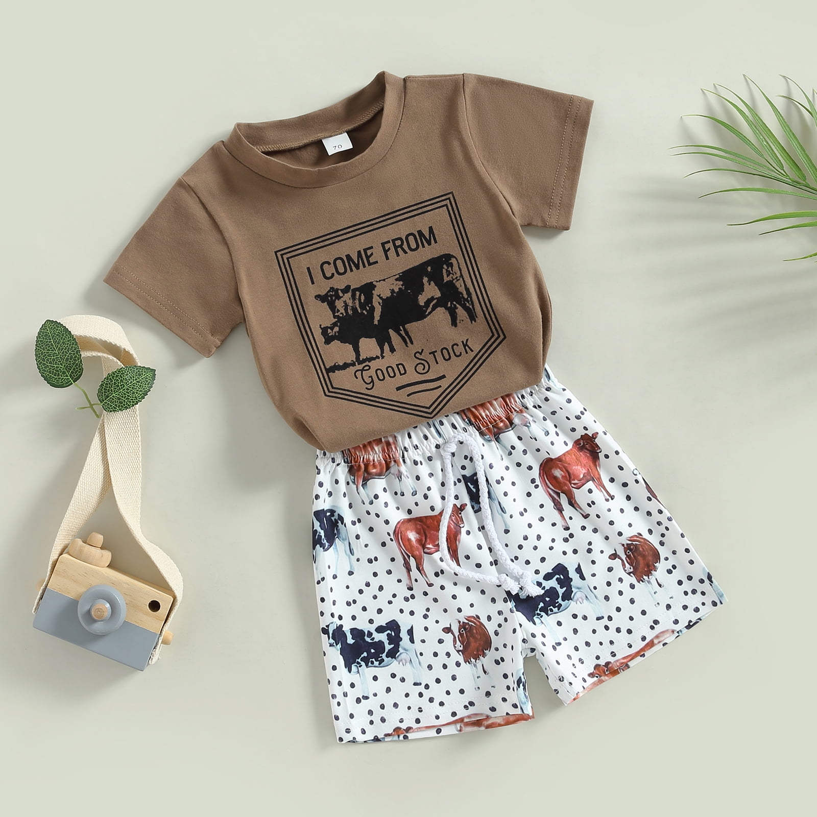 Lamuusaa Toddler Baby Boy Western Clothes, Short Sleeve Cow Letter