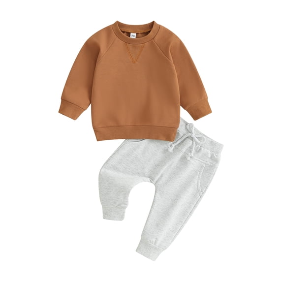 Lamuusaa Toddler Boy Clothes Long Sleeve Round Neck Pullover Elastic Waist Pants 2Pcs Warm Outfit