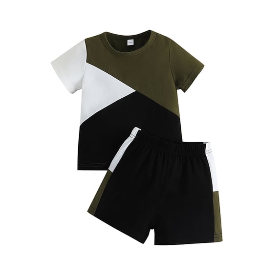 Lamuusaa Toddler Boys Summer Outfits Contrast Color Short Sleeve T-shirt and Elastic Shorts Set