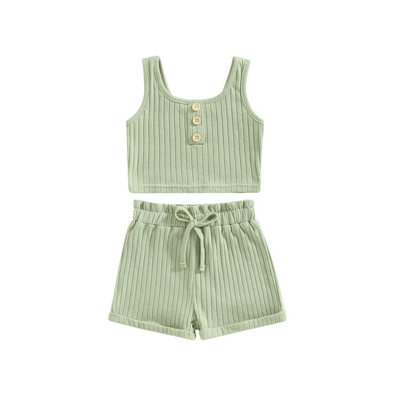 Lamuusaa Toddler Girls Summer Outfit Sets Solid Color Button Vest + Ribbed Drawstring Shorts