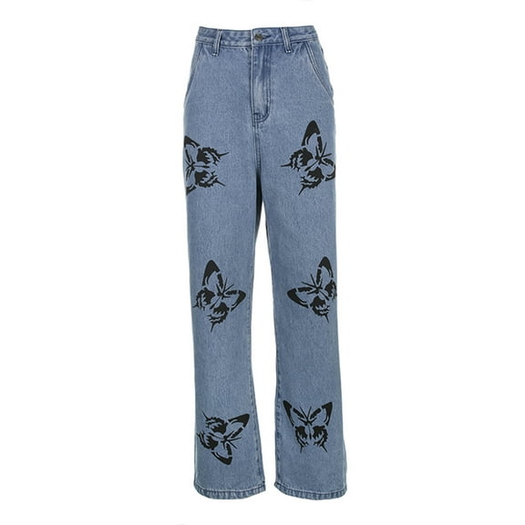 Lamuusaa Woman's Fashionable Print Jeans, Loose Casual Straight-leg High Waist Trousers, Daily Life