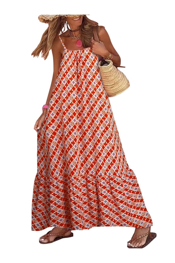 Women Boho Sleeveless Dress Print Summer Loose Strap Dress for Cocktail Beach Streetwear