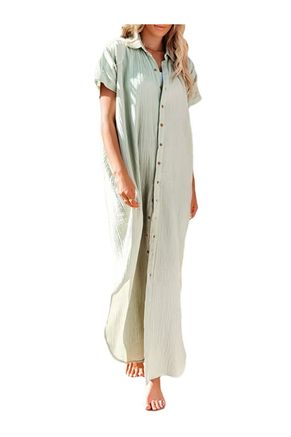 Women Casual Beachwear Dress, Solid Color Short Sleeve Button-Down Lapel Loose Cover-Up