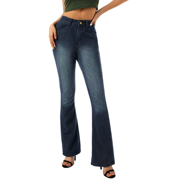 Lamuusaa Women Casual Denim Flared Pants Solid Loose Low Waist Bell Bottom Trousers with Pockets
