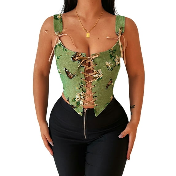 Lamuusaa Women Corset Sleeveless Tank Tops Floral Strappy Crop Tops Bustier Waist Cincher