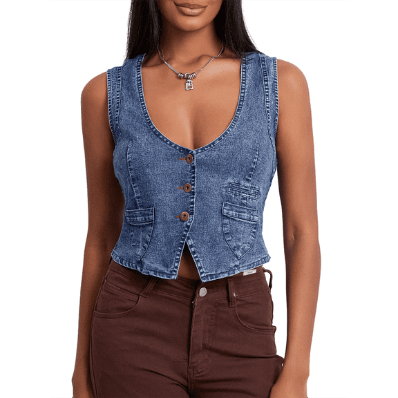 Lamuusaa Women Denim Vest, Sleeveless V Neck Button Vest Outwear Gilet with Pockets