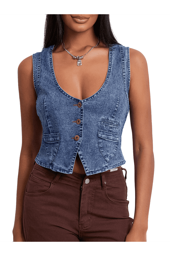 Women Denim Vest, Sleeveless V Neck Button Vest Outwear Gilet with Pockets