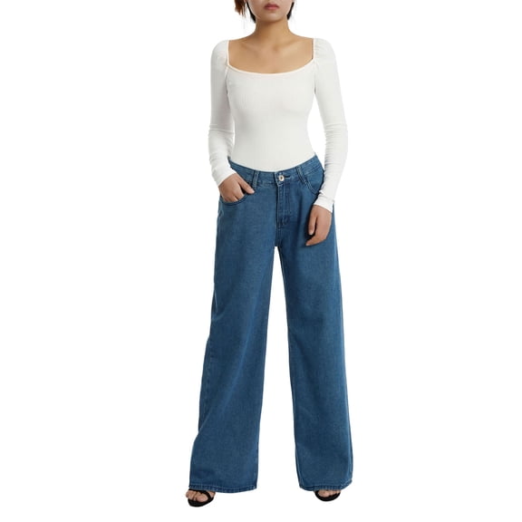Lamuusaa Women Hip Hop Denim Pants, Casual High Waist Relaxed Fit Washed Wide Leg Jeans Streetwear