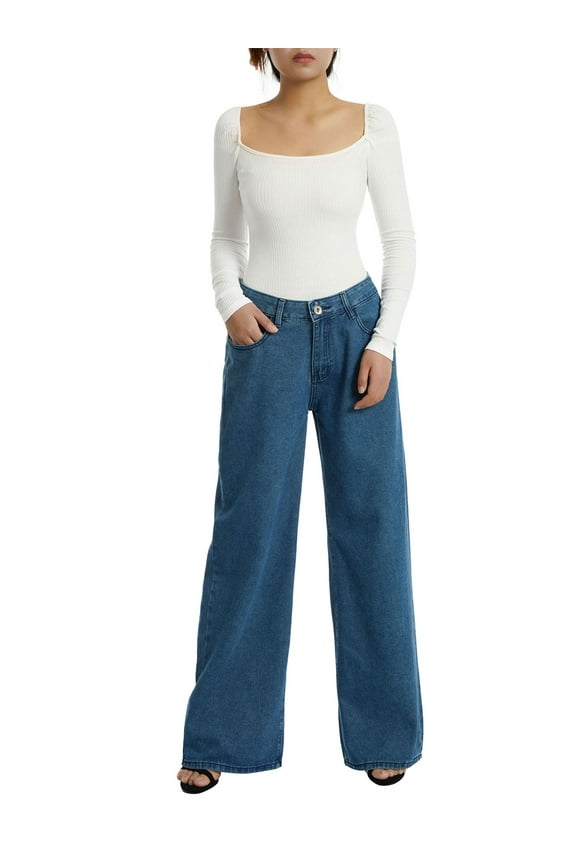 Women Hip Hop Denim Pants, Casual High Waist Relaxed Fit Washed Wide Leg Jeans Streetwear