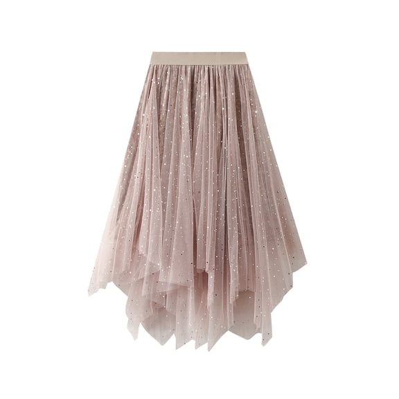 Lamuusaa Women Irregular Tulle Tutu Skirt Casual Shiny Star Sequin Elastic Mesh Princess Skirt for Streetwear