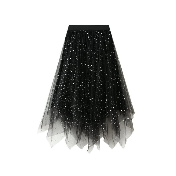 Lamuusaa Women Irregular Tulle Tutu Skirt Casual Shiny Star Sequin Elastic Mesh Princess Skirt for Streetwear