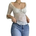 thumbnail image 1 of Lamuusaa Women Lace T-shirt, Scoop Neck 3/4 Sleeve See-through Summer Tops for Club Party, 1 of 8