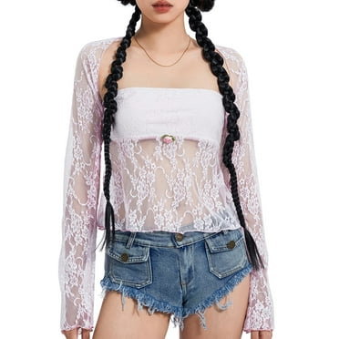 Lamuusaa Women Lace Tube Tops Flower Embellished Strapless Tops with Long Sleeve Shrugs Tops