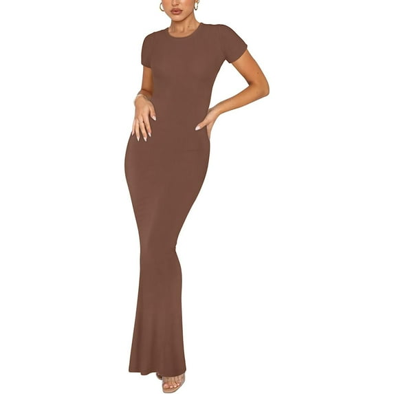 Lamuusaa Women Long Bodycon Dress Solid Color Short Sleeve Dress Summer Evening Party Dress