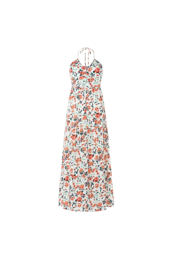 Women Long Dress, Elegant Sleeveless Tie-up Halterneck Floral Dress Summer Swing Dress