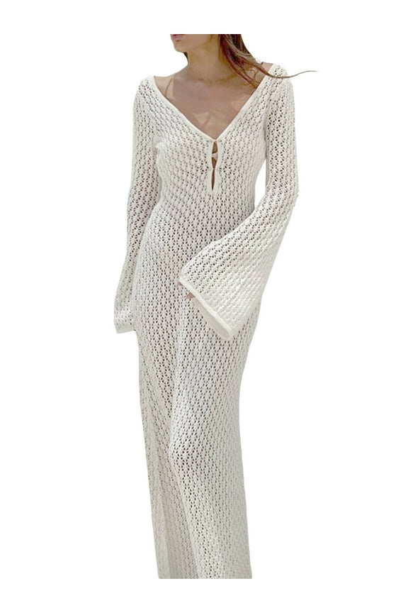 Women Long Knit Dress Solid Color Hollow-Out Deep V-Neck Long Sleeve Bodycon Dress