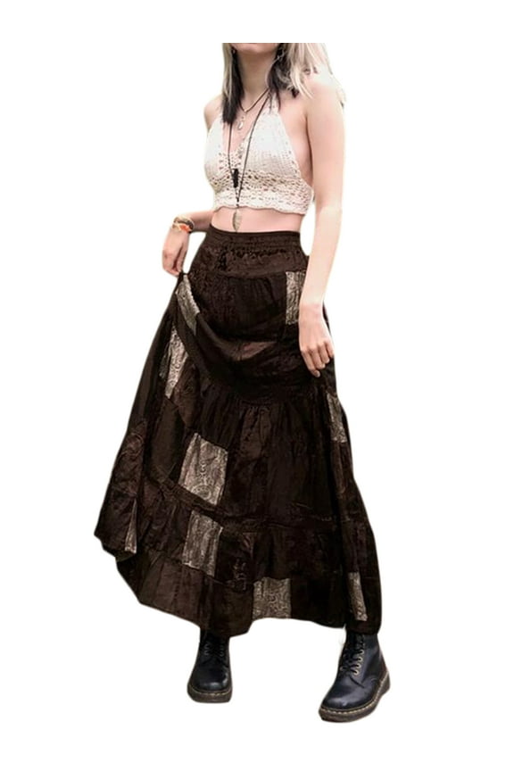 Women Long Patchwork Skirt, Adults Vintage Elegant Flower Print Pleated Skirt (Brown)