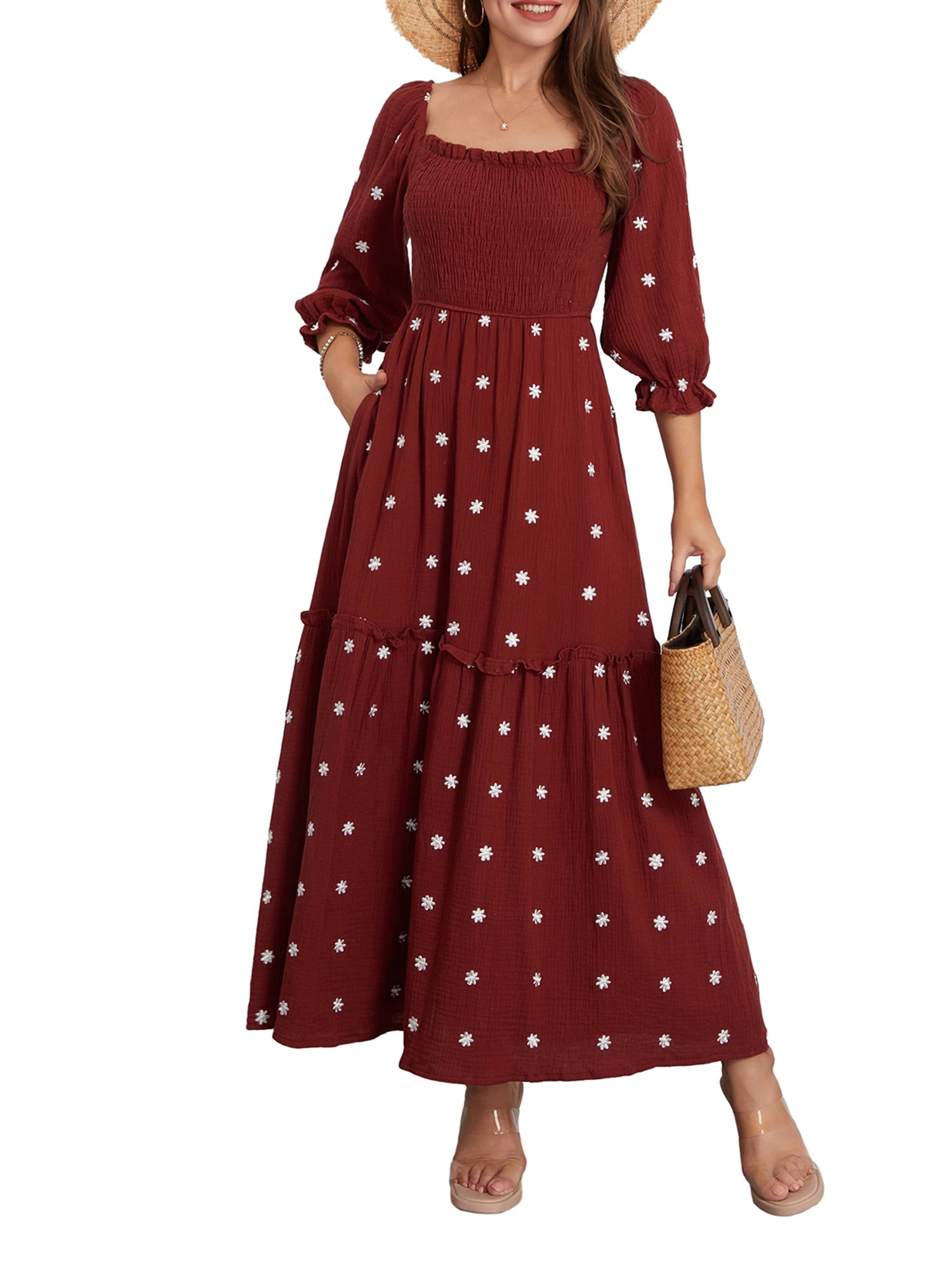 Lamuusaa Women Long Sleeve Floral Dress Casual Square Neck Ruched A — free download