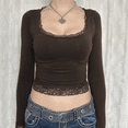 thumbnail image 1 of Lamuusaa Women Long Sleeve Short T-Shirts Lace Trim U-Neck Shirts Spring Fall Slim Fit Tops Streetwear, 1 of 2