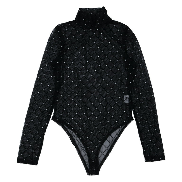 Black Fishnet Long Sleeve Bodysuit, Tops