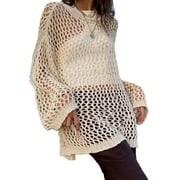 Lamuusaa Women Sexy Hollow-out Knit Smock Blouse, Neck Long Sleeve Fishnet Pullover Knitwear