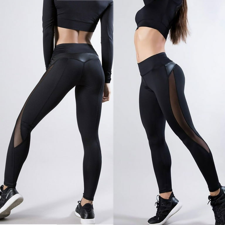 Lamuusaa Women Skinny Leggings Black Yoga Sport Pants Pu Leather Patchwork  Lady Jogging Pants Push Up Workout Sport Yoga Leggings Female