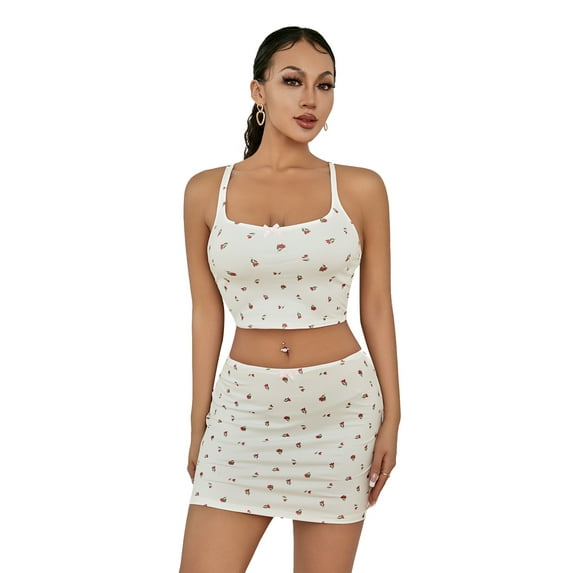 Lamuusaa Women Skirt Set, Floral Square Neck Camisole with Low Waist Mini Bodycon Skir