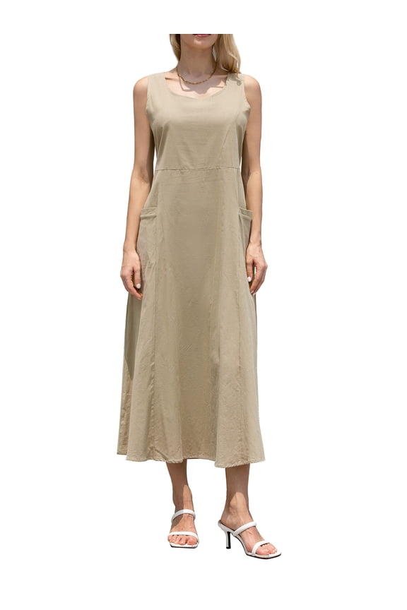 Women Solid Color Long Dress Pockets A-line Dress Summer Casual Beach Party Bohemian Dress