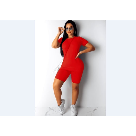 Lamuusaa Women, Solid Color Short Sleeve Round Neck Slim Top, High Waist Elastic Band Short Pants