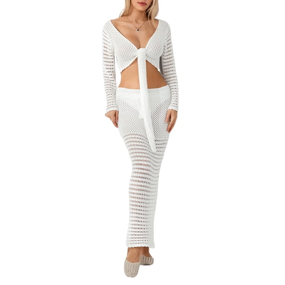 Lamuusaa Women Spring Knit Skirt Outfitsr Knot Long Sleeve Knit Crop Tops Long Skirt Clothes Set