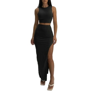 Lamuusaa Women Summer 2 Pcs Outfits Sleeveless Tank Tops Wrapped Hip High Slit Long Skirts Set