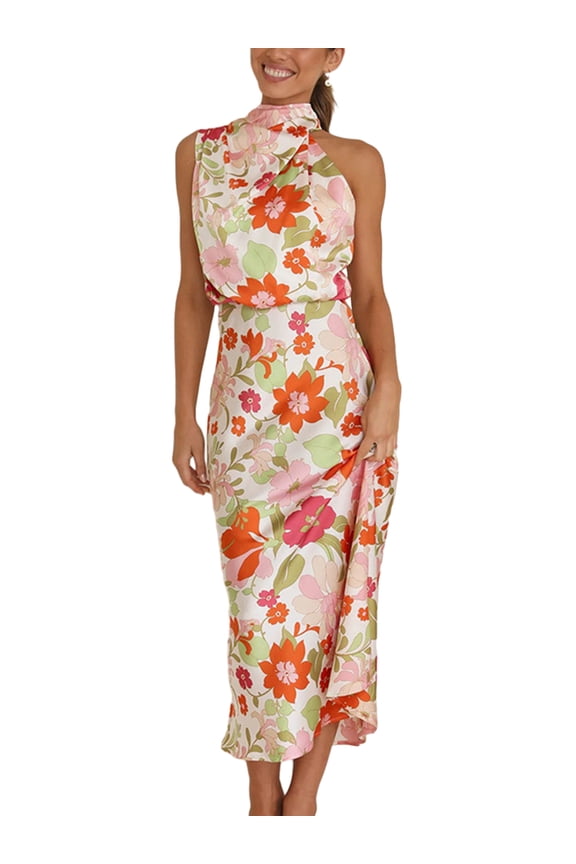 Women Summer Casual Long Dress Tie-Up Sleeveless Satin Dress Fashion Beach Party Dress