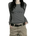 thumbnail image 1 of Lamuusaa Women T-shirt Long Sleeve Crew Neck Striped Fall Slim Fit Ladies Tops for Casual Daily, 1 of 5