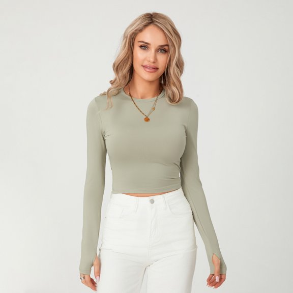 Lamuusaa Women T-shirt, Long Sleeve Solid Slim Fit Ladies Crop Top for Daily Street