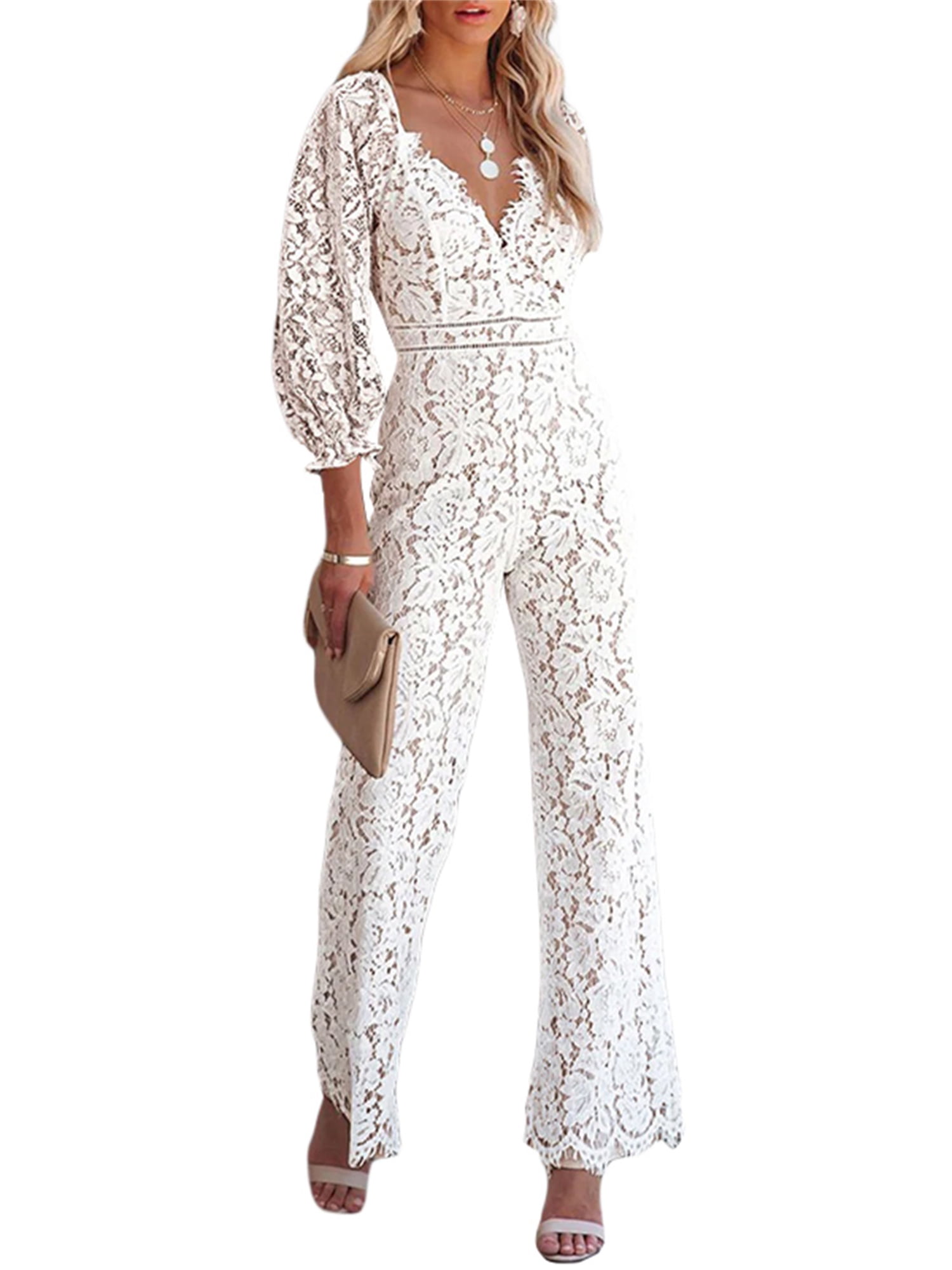 Lamuusaa Women Wide Leg Jumpsuit Solid Color Long Sleeve V Neck Floral Lace Romper