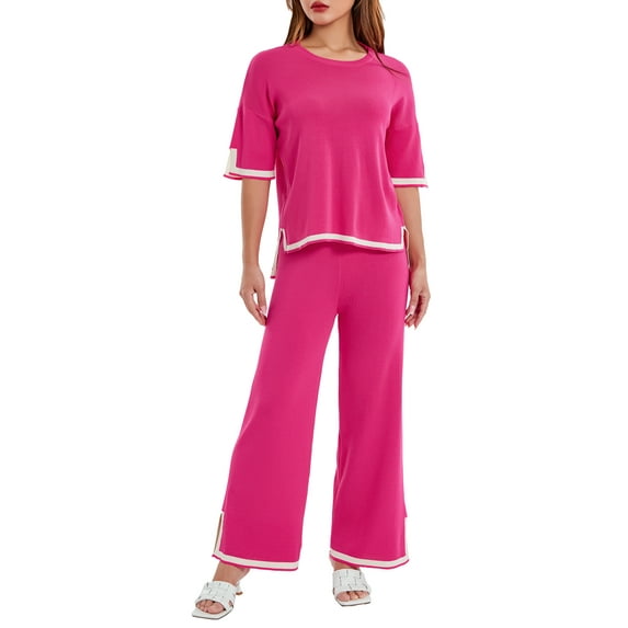 Lamuusaa Women's 2 Piece Casual OutfitsCrew Neck Tops Wide Leg Pants Loungewear Sets Streetwear