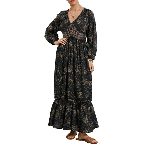 Lamuusaa Women’s Bohemian  Dress Summer Half Sleeve Shirred Waist A-Line Dress Long Flowy Dress