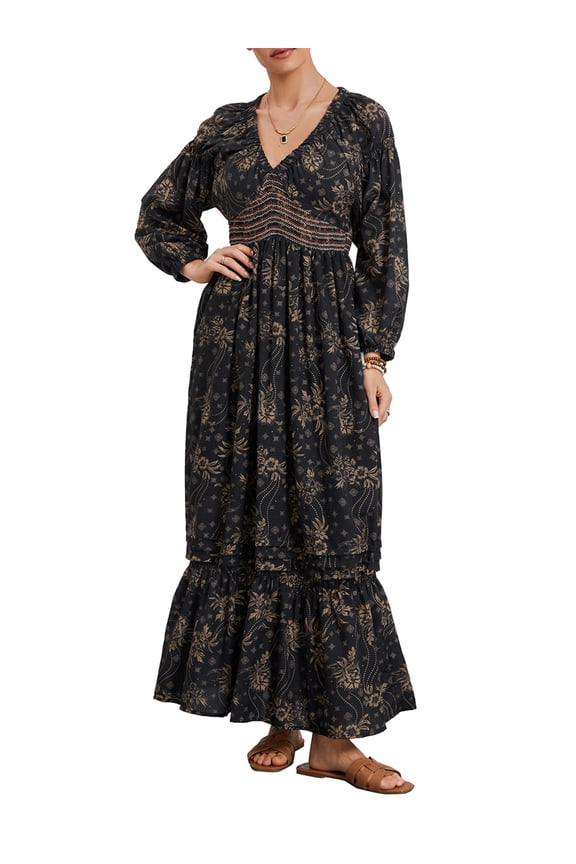 Women’s Bohemian Dress Summer Half Sleeve Shirred Waist A-Line Dress Long Flowy Dress