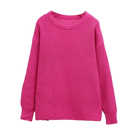 Lamuusaa Women's Fall Loose Sweater Solid Color Knit Cable Round-Neck Long Sleeve Sweaters Thick Cozy Lazy Knitwear