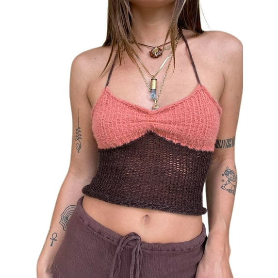 Lamuusaa Women’s Halter Crop Cami Tops, Sleeveless Contrast Color Slim Fit Ruched Knit Camisole